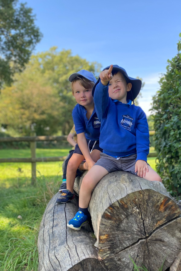 Children sitting on a log facing the camera, one child is pointing up at something off camera (Grantham Farm Montessori School)