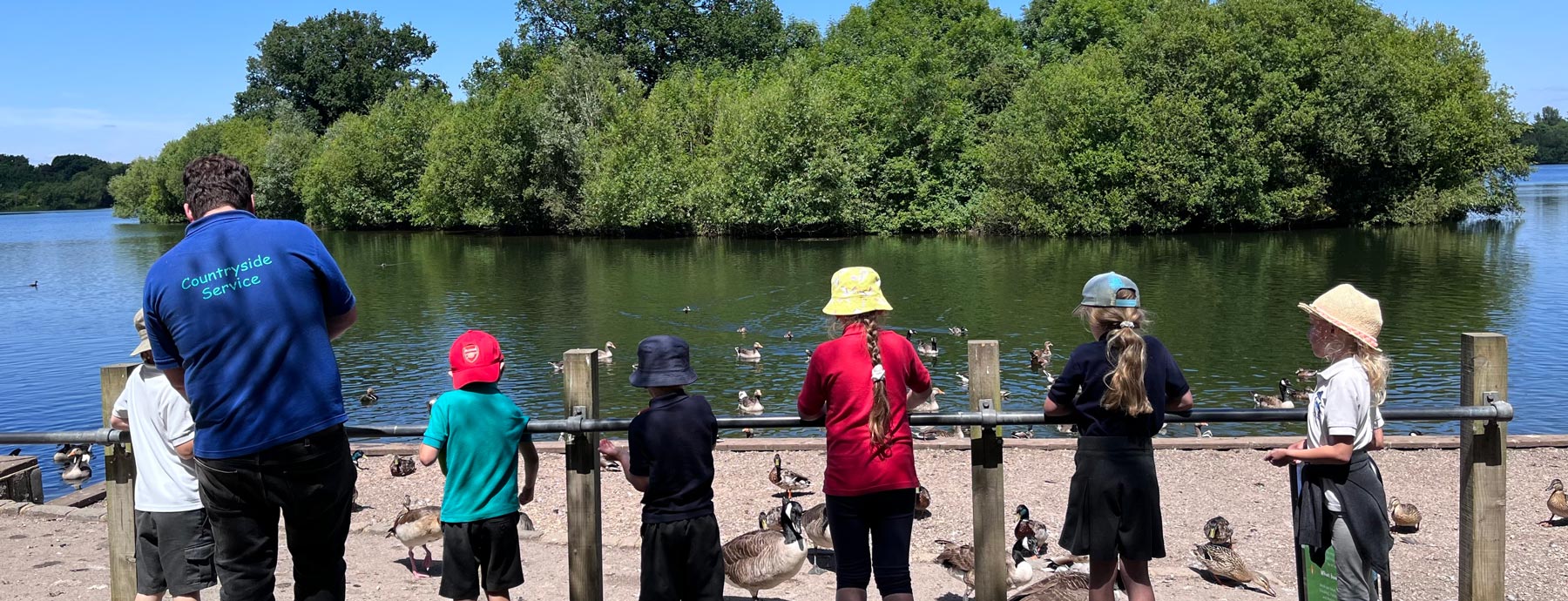 Children on a school visit feeding ducks by a lake (Grantham Farm Montessori School)